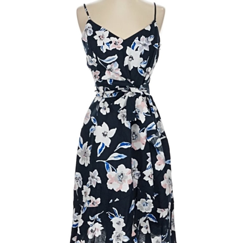Navy Floral Wrap Midi Dress with Tie Waist